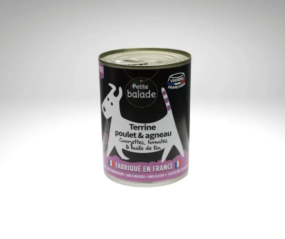 Boîte de Terrine poulet & agneau présentée de face.