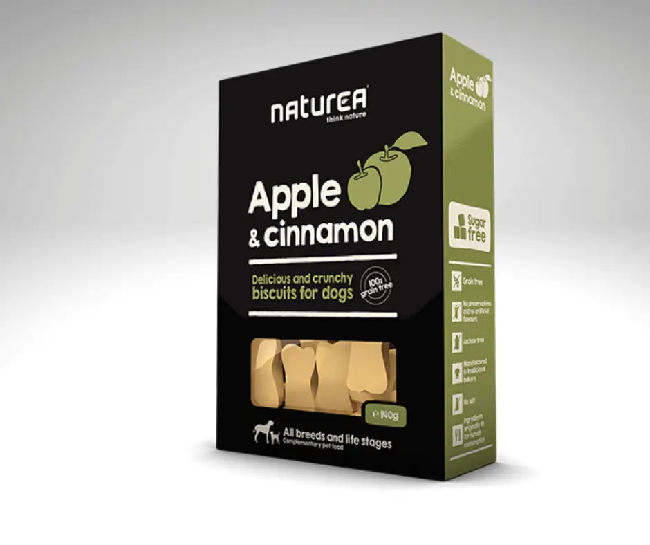 Boîte de Biscuits Pomme Cannelle pour chiens présentée de face.