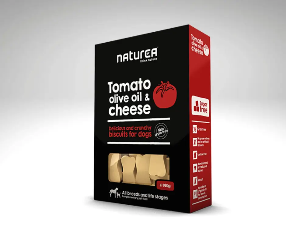 Boîte de Biscuits Tomate Fromage pour chiens présentée de face.