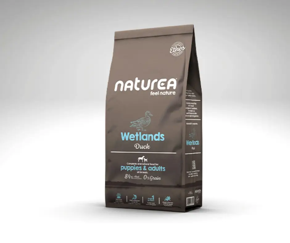 Sac de croquettes NATUREA canard sans céréales pour chien, gamme ETHOS Wetlands. Alimentation naturelle et digeste, adaptée aux chiens sensibles.