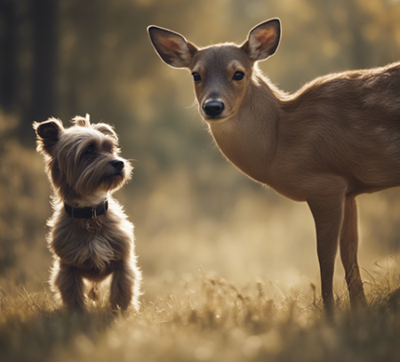 photo d'un chien avec un jeune cerf