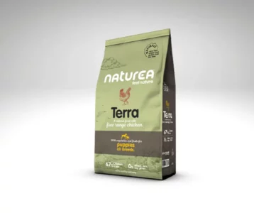 Sac de croquettes Naturals Poulet Chiot Naturea. Recette naturelle sans gluten à base de poulet fermier pour une croissance saine et équilibrée.