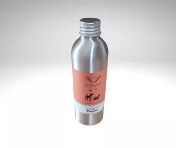 Flacon métallique gris avec étiquette saumon illustrant un chien et un chat