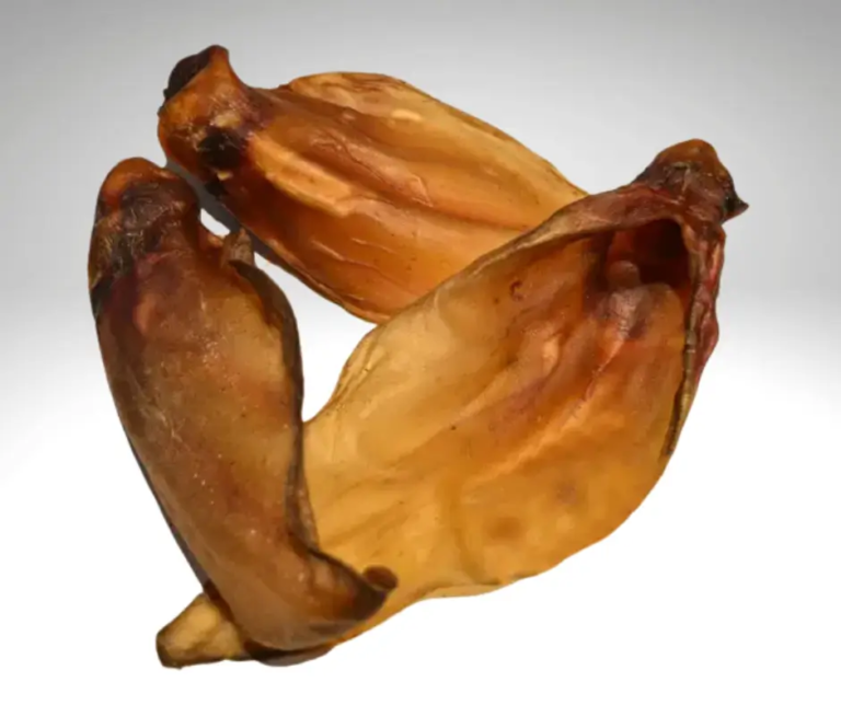 Oreilles de bœuf séchées posées sur un fond gris clair.