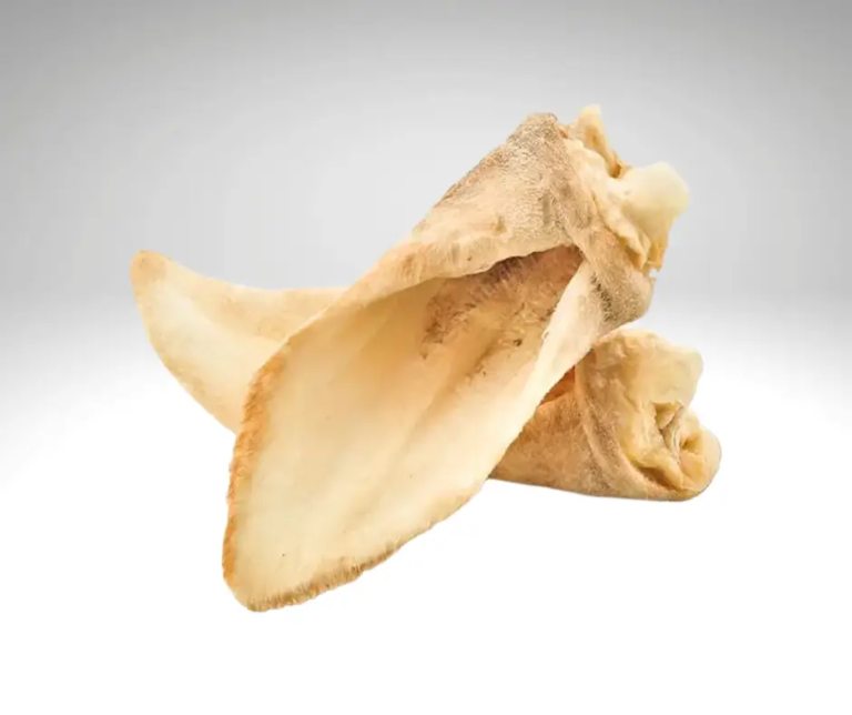 Oreilles d’agneau séchées posées sur un fond gris clair.