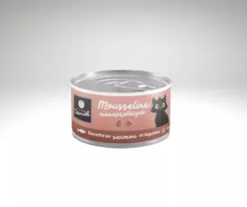 Boîte de mousseline saumon pour chat sans céréales, étiquette rose, 85 g.
