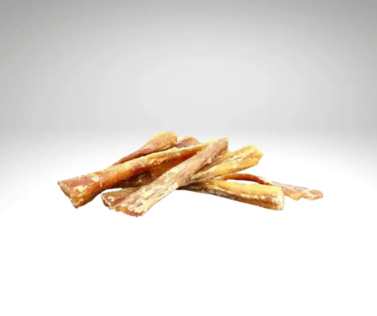 Plusieurs morceaux allongés de tendon de boeuf pour chien séché.