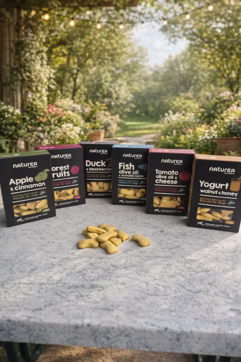 Biscuits pour chiens Naturea présentés avec six saveurs différentes et quelques biscuits en forme d’os posés sur une table.