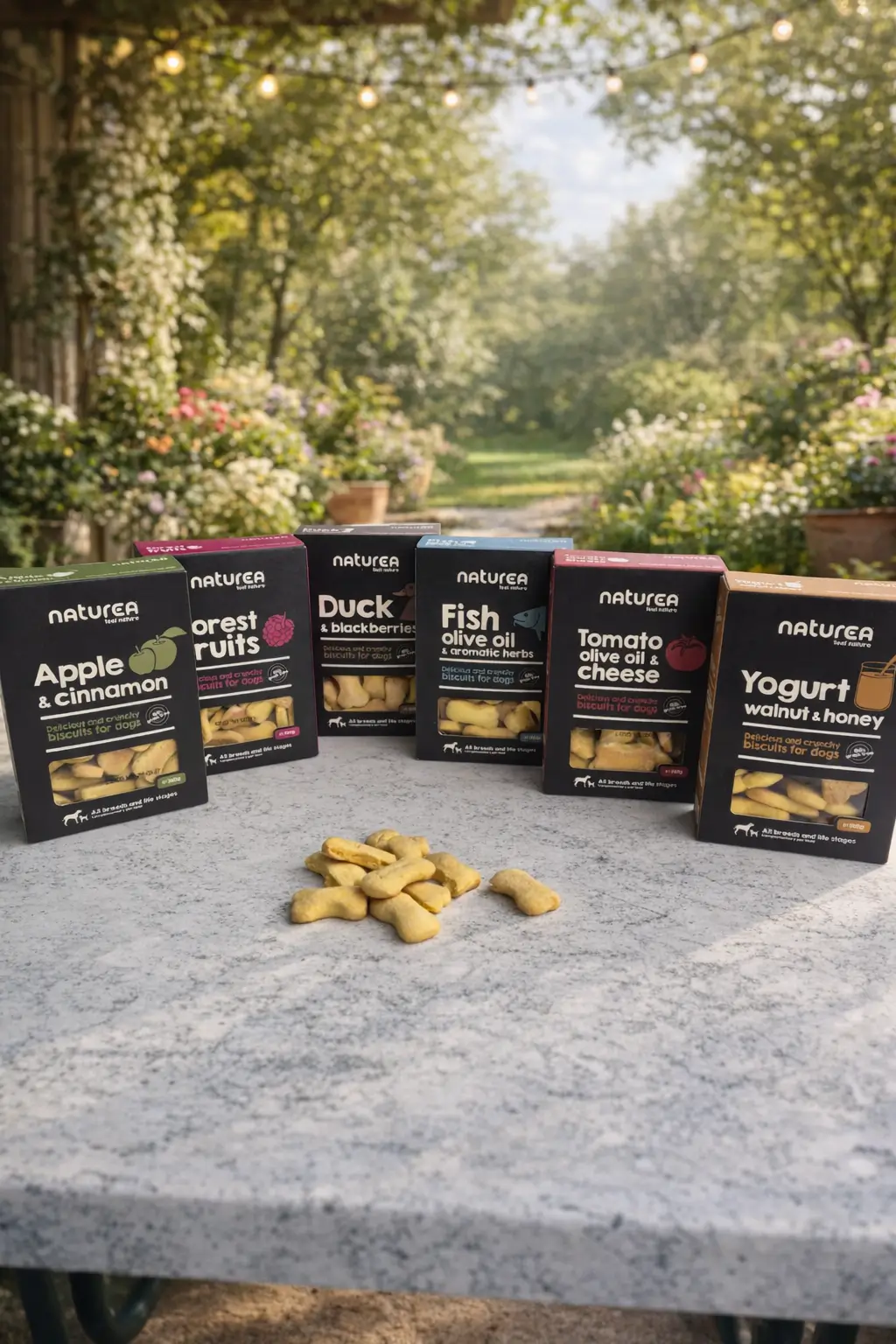 Biscuits pour chiens Naturea présentés avec six saveurs différentes et quelques biscuits en forme d’os posés sur une table.