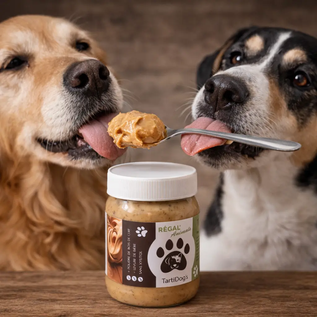 Chiens et cuillère de beurre de cacahuetes pour chien Tarti Dog’s avec pot au premier plan