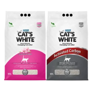 Litière agglomérante Cat's White pour chat, 2 variantes poudre de bébé et charbon actif