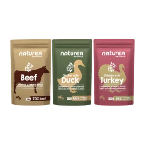 Pâtée Naturea sans céréales pour chien, gamme 3 saveurs sachets 300g