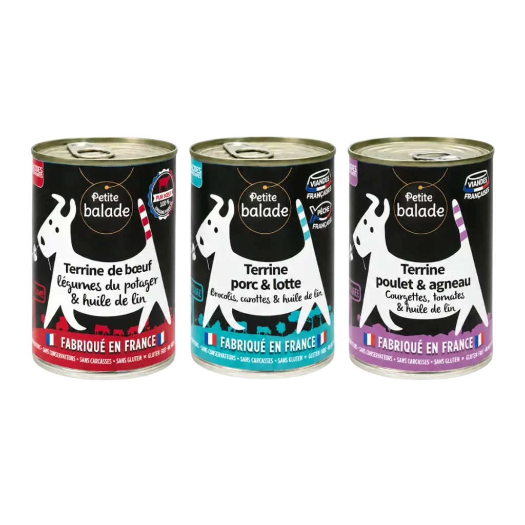 Terrine Petite Balade sans céréales pour chien, gamme 3 recettes boîtes 400 g, bœuf et légumes, porc et lotte, poulet et agneau