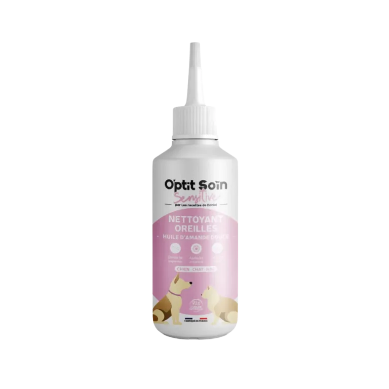 Nettoyant oreilles O'Ptit Soin Sensitive à l'huile d'amande douce pour chien, chat et NAC, fabriqué en France