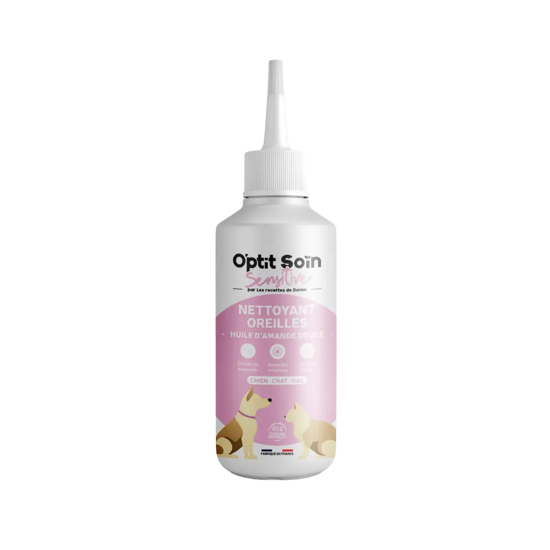Nettoyant oreilles O'Ptit Soin Sensitive à l'huile d'amande douce pour chien, chat et NAC, fabriqué en France